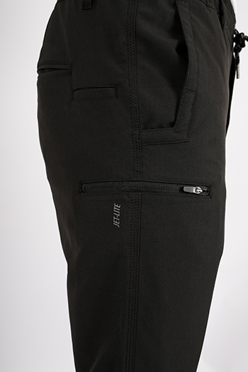A close-up of a black pants    Description automatically generated